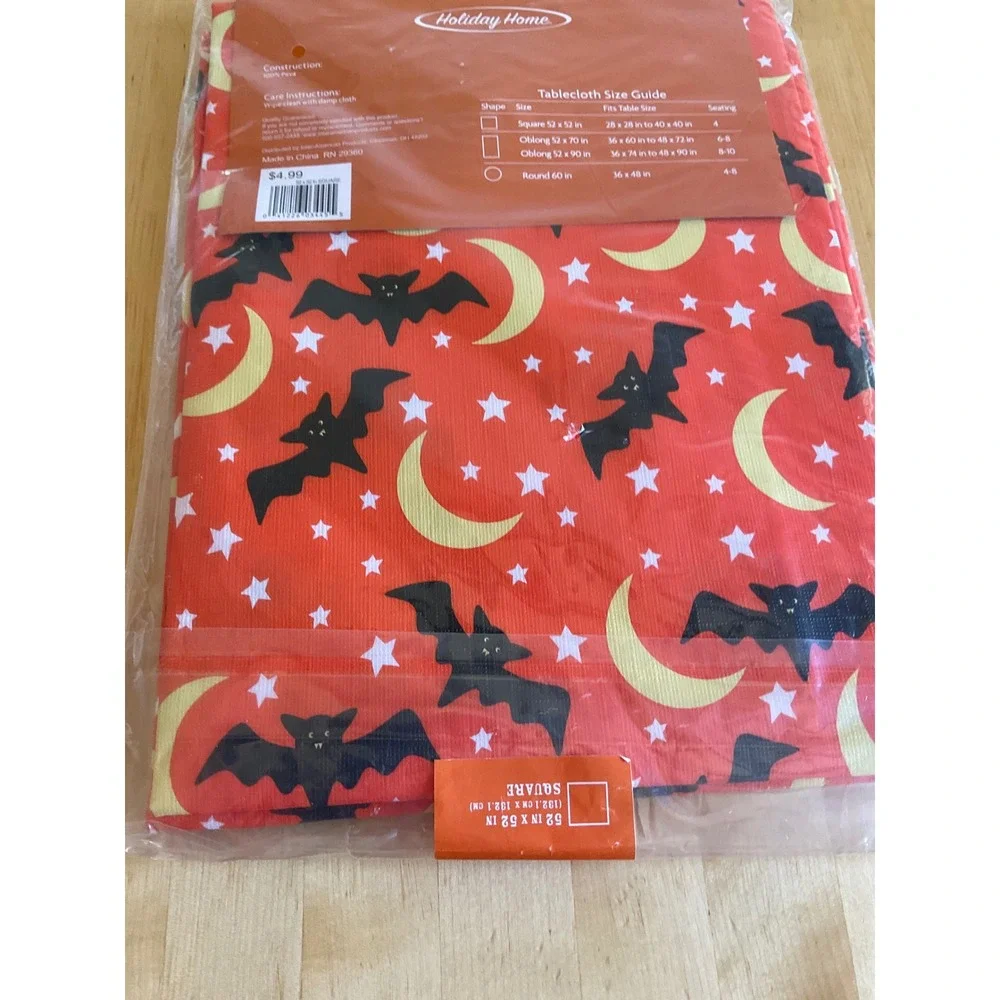 Holiday Home Halloween Bats Vinyl Tablecloth Orange Moon Star Square 52x52 NEW